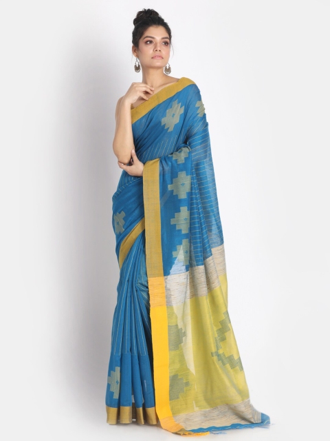 Aryavart Blue & Yellow Woven Design Pure Cotton Saree