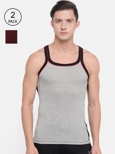 Genx Men Pack Of 2 Grey & Maroon Cotton Gym Vests