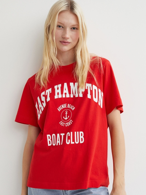 H&M Women Red Print-Motif Cotton T-shirt