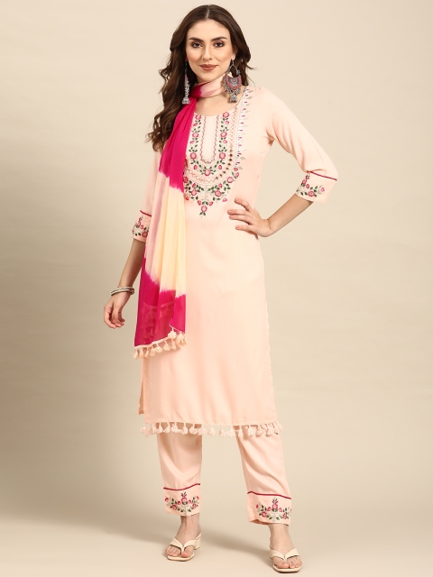Prakhya Women Peach-Coloured Ethnic Embroidered Mirror Work Kurta with Trousers & Dupatta
Prakhya Women Peach-Coloured Ethnic Embroidered Mirror Work Kurta with Trousers & Dupatta