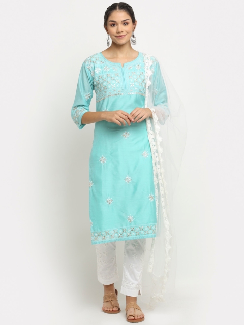 Saksh Women Turquoise Blue Ethnic Motifs Embroidered Chikankari Chanderi Cotton Kurti with Trousers
Saksh Women Turquoise Blue Ethnic Motifs Embroidered Chikankari Chanderi Cotton Kurti with Trousers