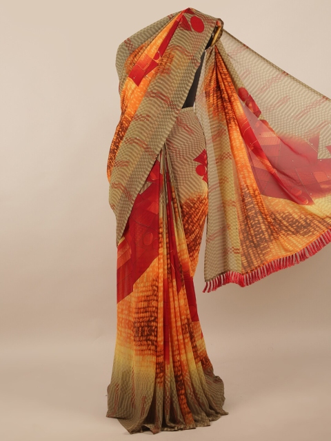 Pothys Red & Tan Brown Poly Chiffon Saree