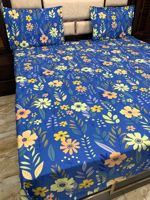 Pure Decor Floral Blue 300 TC Queen Bedsheet With 2 Pillow Covers