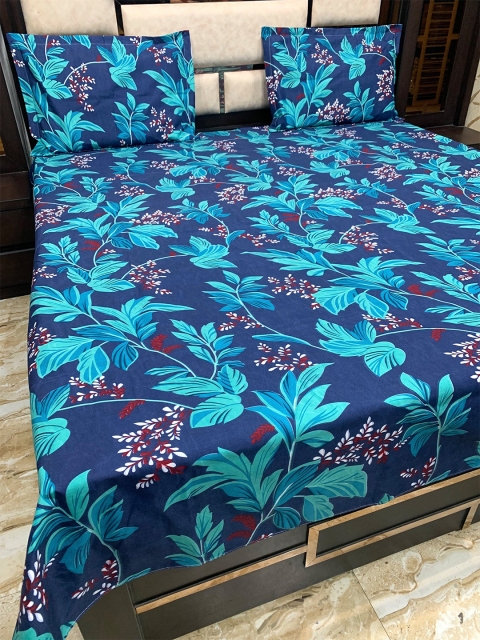 Pure Decor Blue Floral 300 TC Queen Bedsheet with 2 Pillow Covers