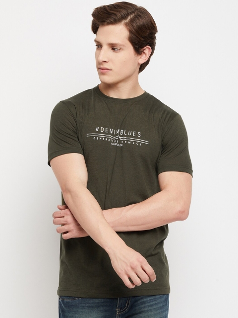 FirstKrush Men Olive Green Typography Printed V-Neck T-shirt