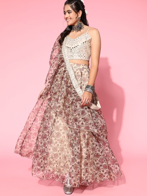 Yufta Trendy Beige Embellished Ready to Wear Lehenga Choli with Dupatta