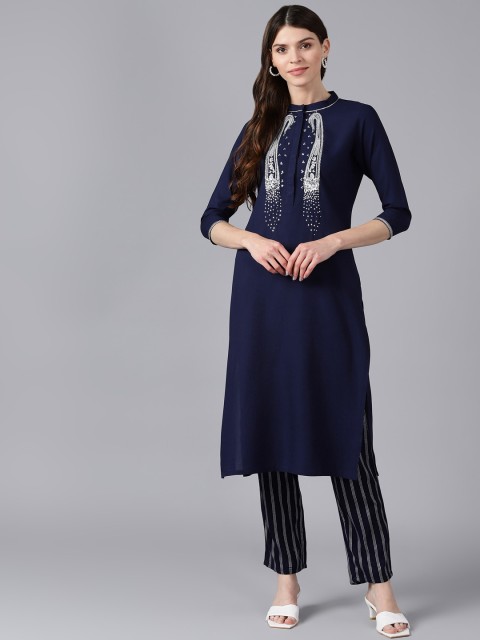 Bani Women Navy Blue Ethnic Motifs Embroidered & Embellished Liva Kurta With Trousers
Bani Women Navy Blue Ethnic Motifs Embroidered & Embellished Liva Kurta With Trousers