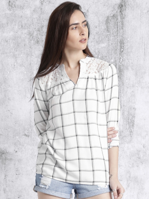 Roadster Women White & Navy Checked Top with Lace Inserts