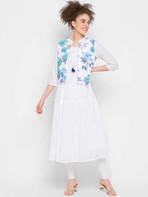 ZOLA Women White & Blue Floral Printed Thread Work Cotton Anarkali Kurta