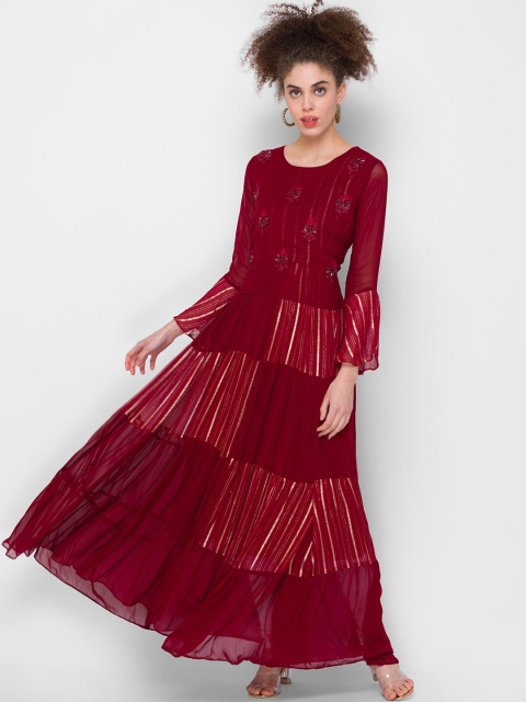 ZOLA Women Red Striped Georgette Anarkali Kurta