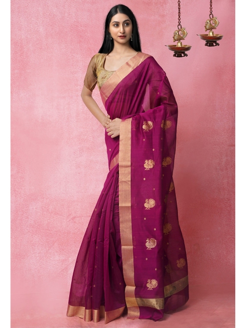 Unnati Silks Purple & Gold-Toned Pure Handloom Sustainable Zari Silk Cotton Chanderi Saree
Unnati Silks Purple & Gold-Toned Pure Handloom Sustainable Zari Silk Cotton Chanderi Saree