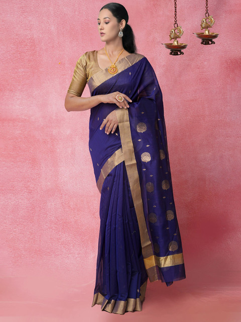 Unnati Silks Navy Blue & Golden Ethnic Motifs Zari Handloom Silk Cotton Chanderi Saree
Unnati Silks Navy Blue & Golden Ethnic Motifs Zari Handloom Silk Cotton Chanderi Saree