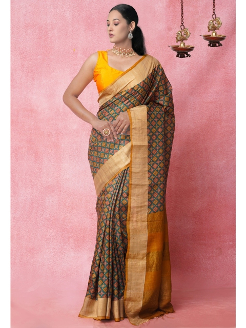 Unnati Silks Turquoise Blue & Orange Ethnic Motifs Zari Handloom Pure Silk Tussar Saree
Unnati Silks Turquoise Blue & Orange Ethnic Motifs Zari Handloom Pure Silk Tussar Saree