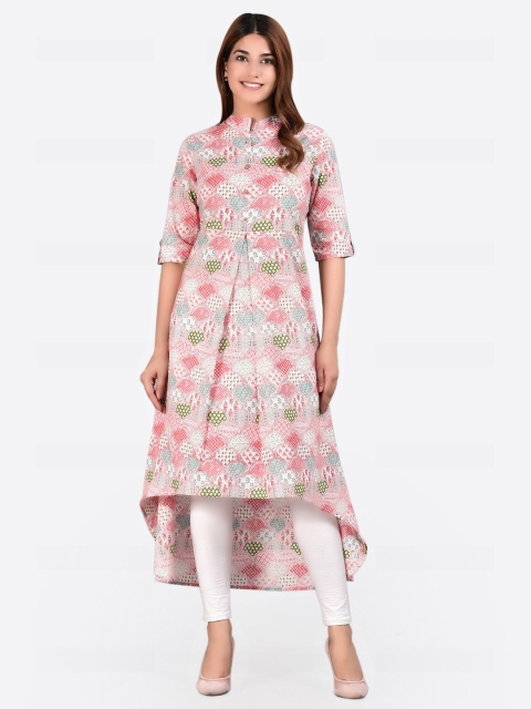 Glorious Women Pink & White Printed High Low Cotton A Line Kurta