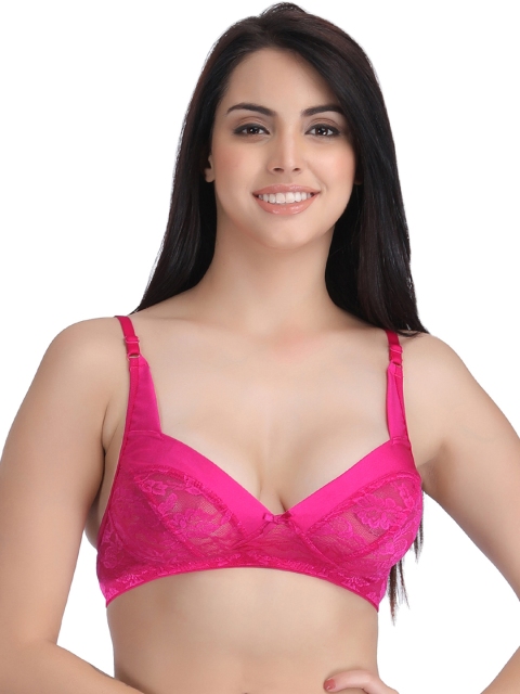 Clovia Lace Non-Padded Non-Wired Balconette Bra, Pink