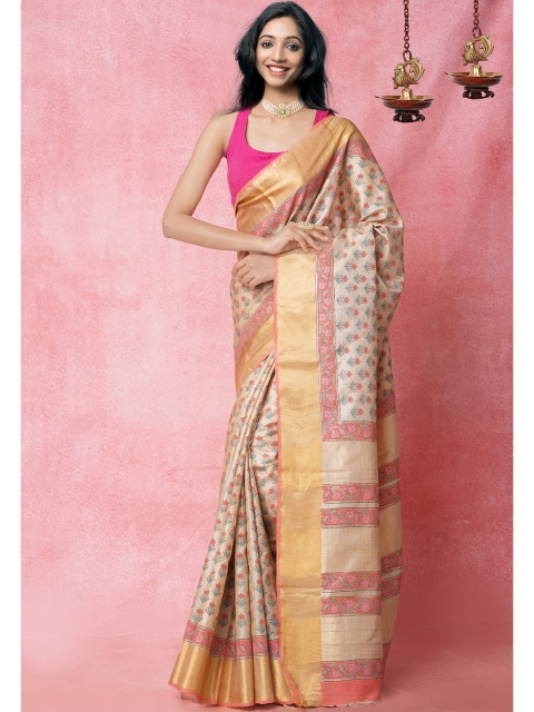Unnati Silks Brown & Pink Ethnic Motifs Printed Pure Silk Tussar Saree