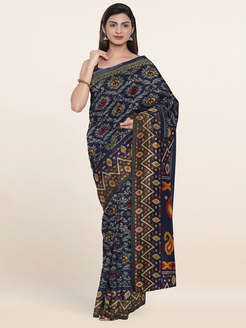 Pothys Navy Blue & Red Floral Saree