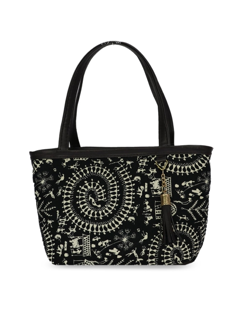LELYS Black Ethnic Motifs Printed PU Structured Shoulder Bag with Tasselled