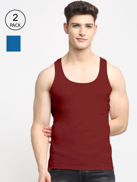 Friskers Men Pack Of 2 Solid Pure Cotton Innerwear Vests, Maroon