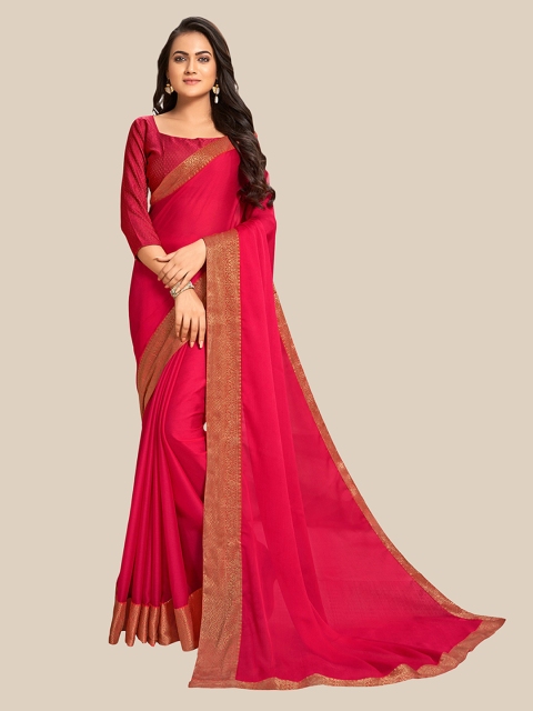 UNITED LIBERTY Fuchsia Pink & Gold-Toned Solid Zari Pure Chiffon Saree