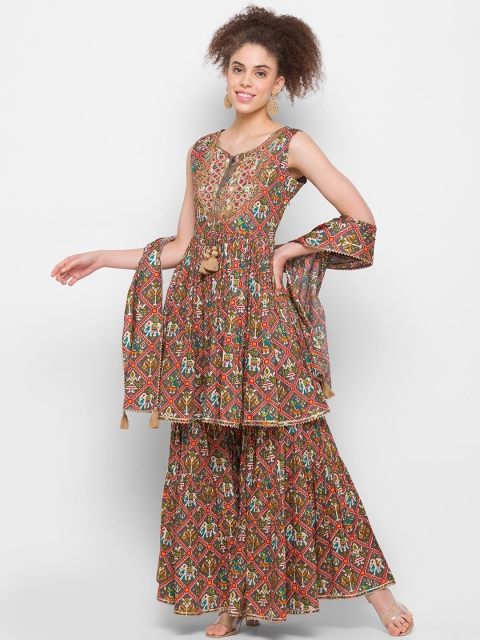 ZOLA Women Brown Floral Printed Pleated Pure Cotton Kurti with Sharara & With Dupatta
ZOLA Women Brown Floral Printed Pleated Pure Cotton Kurti with Sharara & With Dupatta