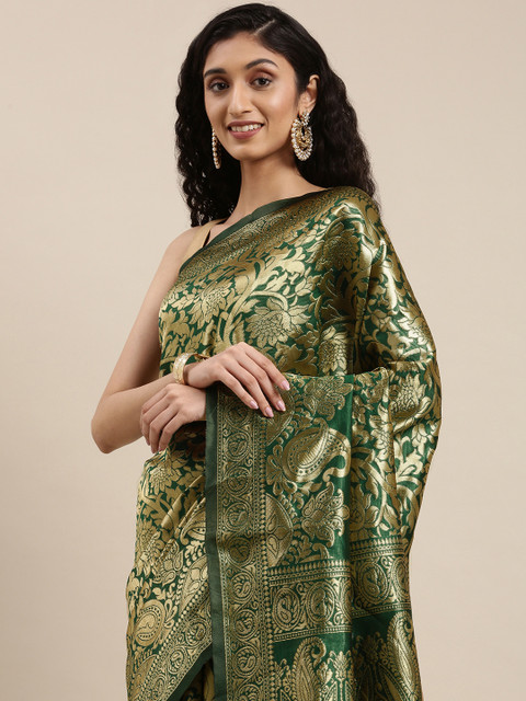 Jashvi Creation Green & Gold-Toned Woven Design Zari Silk Blend Banarasi Saree 
Jashvi Creation Green & Gold-Toned Woven Design Zari Silk Blend Banarasi Saree