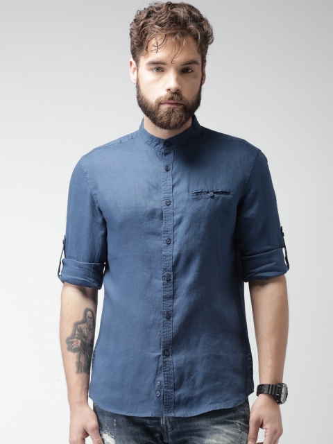 Celio Men Blue Solid Pure Linen Regular Fit Casual Sustainable Shirt
