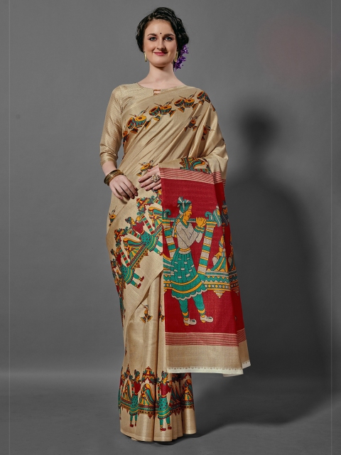 KALINI Brown & Green Kalamkari Khadi Saree