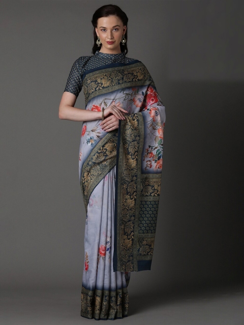 KALINI Grey & Navy Blue Floral Muslin Silk Saree