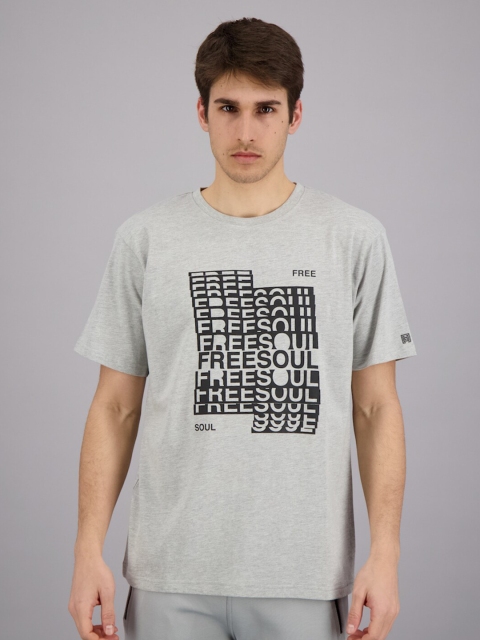 FREESOUL Men Grey Melange & Black Typography Printed T-shirt