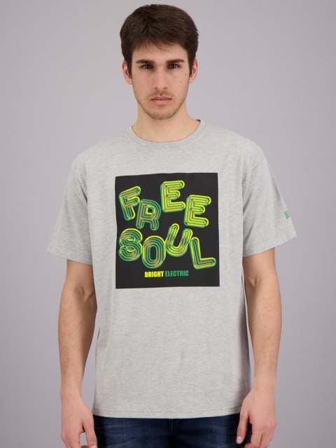 FREESOUL Men Grey Melange Printed T-shirt