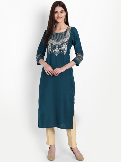arangya Women Teal & Champagne Ethnic Motifs Embroidered Kurta