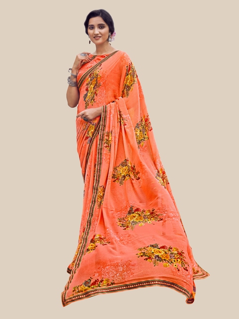 UNITED LIBERTY Peach-Coloured & Yellow Floral Zari Pure Georgette Saree