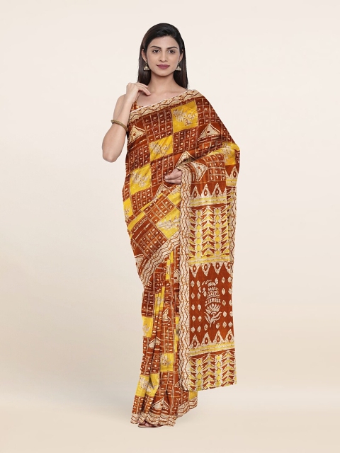 Pothys Brown & Yellow Cotton Blend Saree