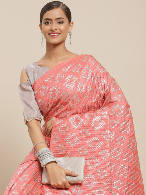 Tikhi Imli Coral Pink & Silver-Coloured Printed Foil Accordion Pleated Poly Silk Saree
Tikhi Imli Coral Pink & Silver-Coloured Printed Foil Accordion Pleated Poly Silk Saree