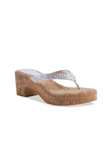 ERIDANI Women Silver-Toned & Beige Embellished Block Heels
