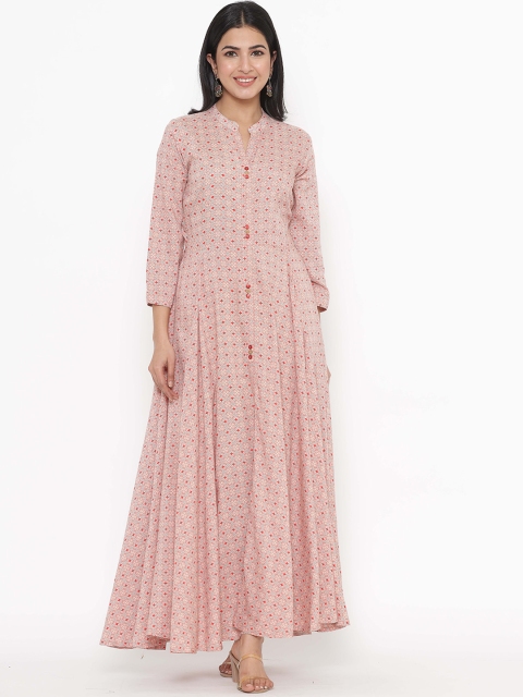 JAVTA Women Pink & Red Geometric Printed Anarkali Kurta