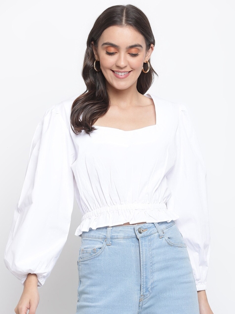 Lagashi White Bishop Sleeves Cinched Waist Crop Top