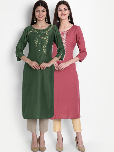 arangya Women Olive Green & Pink Embroidered Thread Work Straight Kurta Pack Of 2
arangya Women Olive Green & Pink Embroidered Thread Work Straight Kurta Pack Of 2