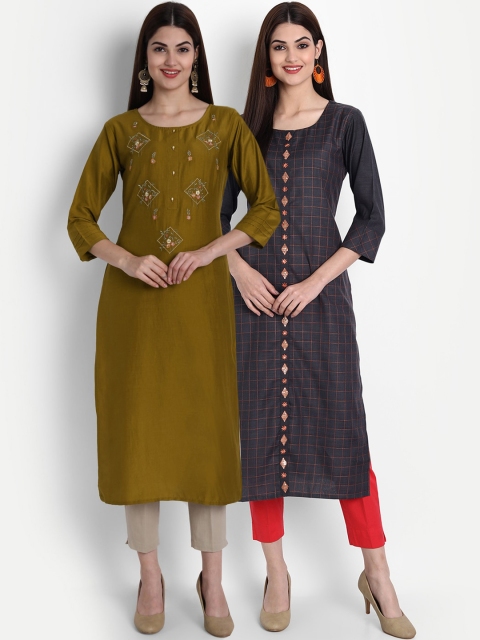arangya Women Pack of 2 Olive Green & Navy Blue Floral Embroidered Thread Work Kurta
arangya Women Pack of 2 Olive Green & Navy Blue Floral Embroidered Thread Work Kurta