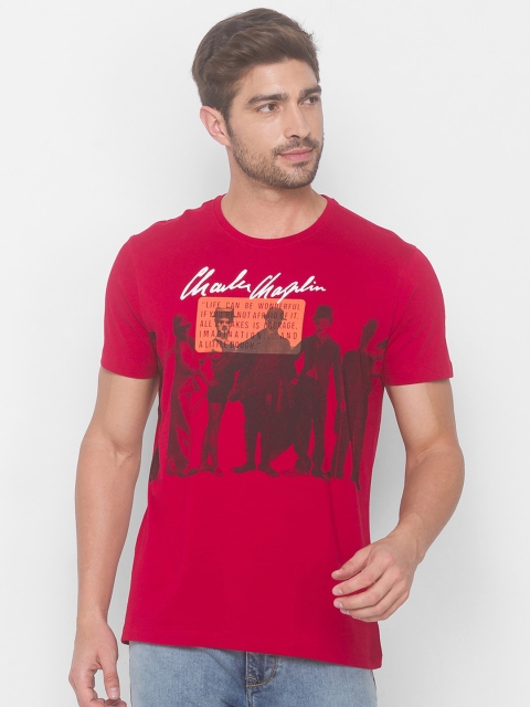 SPYKAR Men Red Graphic Printed Cotton Slim Fit T-shirt