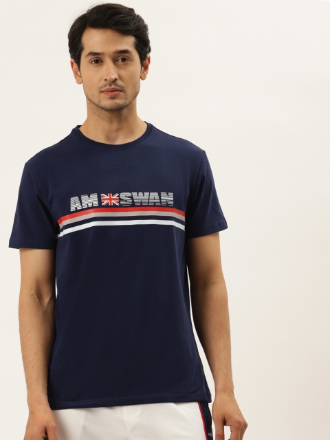 AM SWAN Men Navy Blue Typography Printed T-shirt