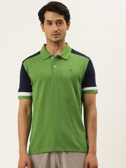 AM SWAN Men Green & Navy Blue Polo Collar T-shirt