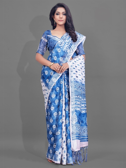 KALINI Blue & White Linen Blend Saree