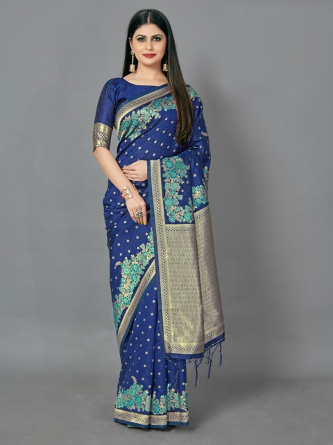 KALINI Navy Blue & Green Woven Design Silk Blend Saree