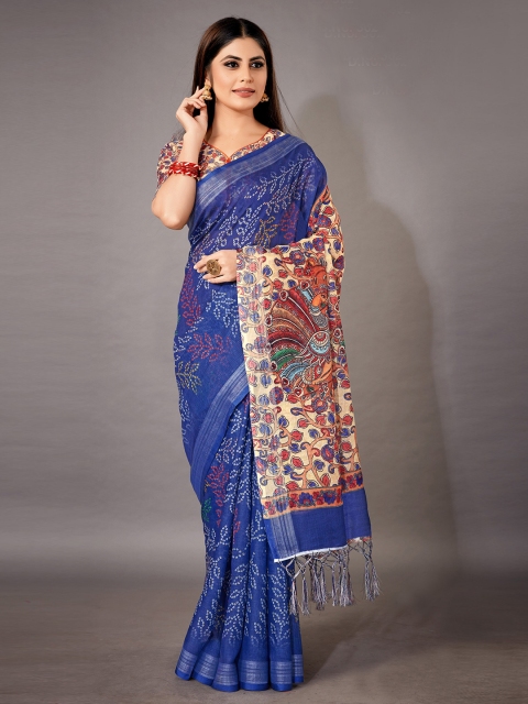 KALINI Blue & Red Linen Blend Saree
