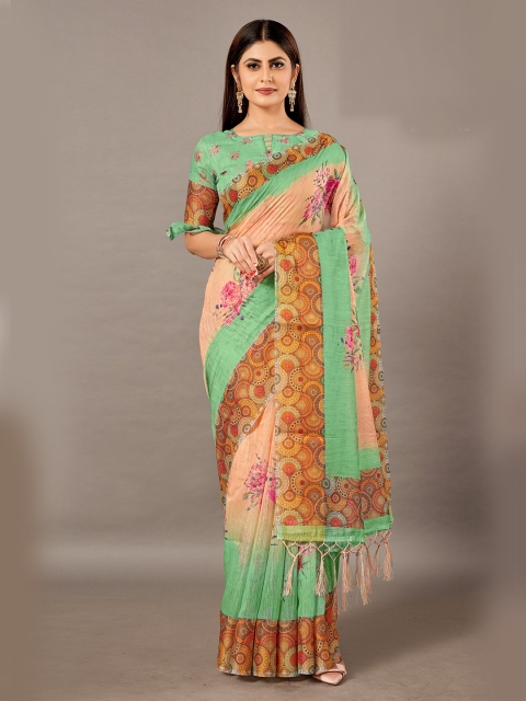 KALINI Beige & Green Floral Linen Blend Saree