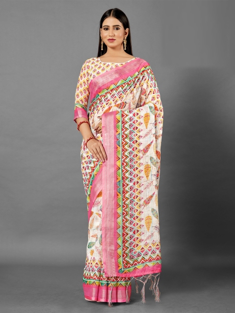 KALINI White & Pink Ethnic Motifs Linen Blend Saree