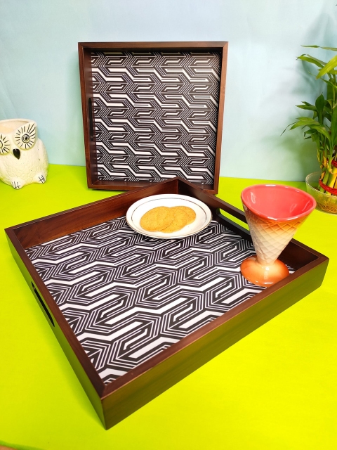 CRAYTON Set Of 2 Black & White Printed Wooden Trays