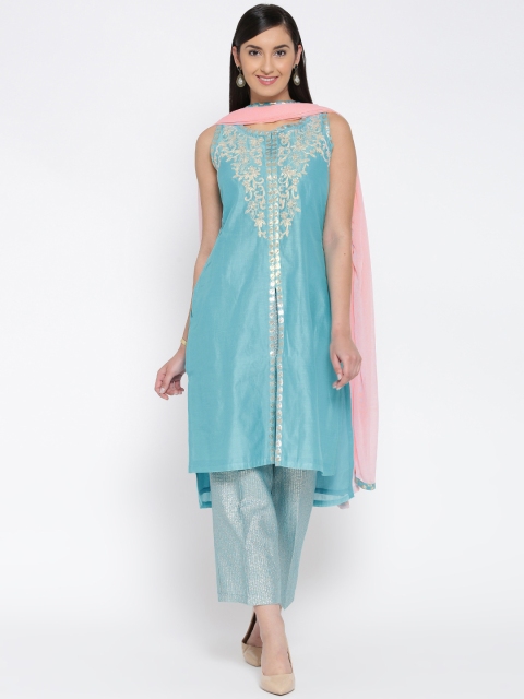 Biba Turquoise Blue Dori-Work Kurta with Palazzos & Dupatta